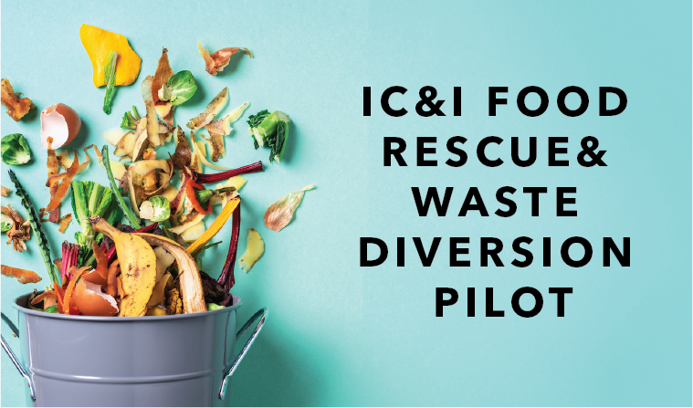 Food scraps spill from a bucket over the title, "IC&I food rescue and waste diversion pilot".