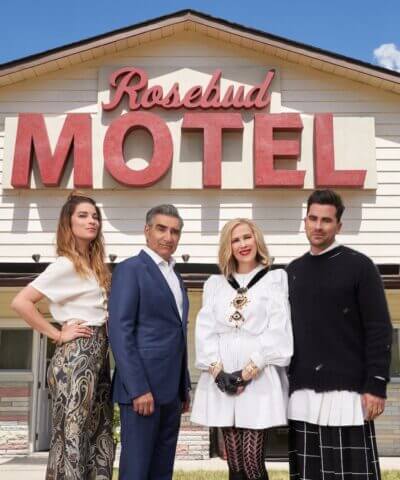 SChitts-Creek-Photo-Credit-Pop-TV-400x480 Schitt's Creek Cast in front of Rosebud Hotel