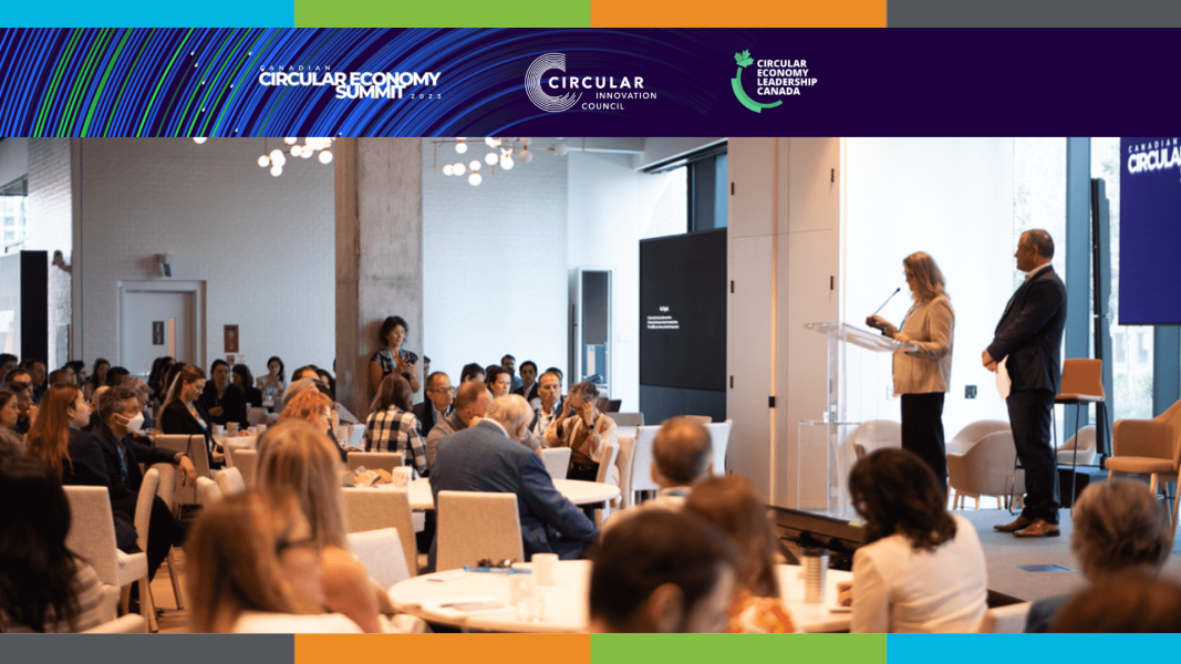 Logos include the Canadian Circular Economy Summit 2023, Circular Innovation Council, and Circular Economy Leadership Canada. Executive Director of Circular Innovation Council Jo-Anne St. Godard, joined by Managing Director of Circular Economy Leadership Canada, Paul Shorthouse, addressed a crowd of seated people at the Circular Economy Summit.