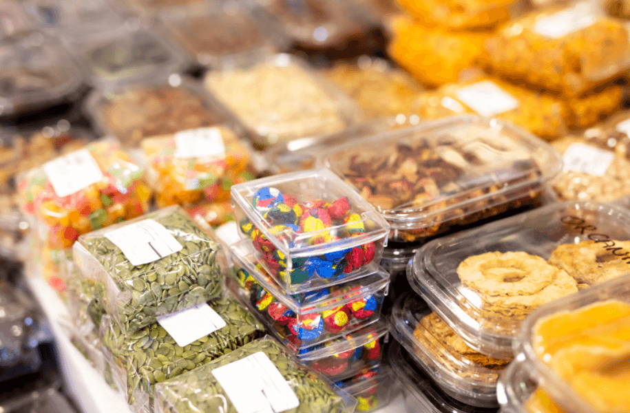 Assorted foods in plastic packaging
