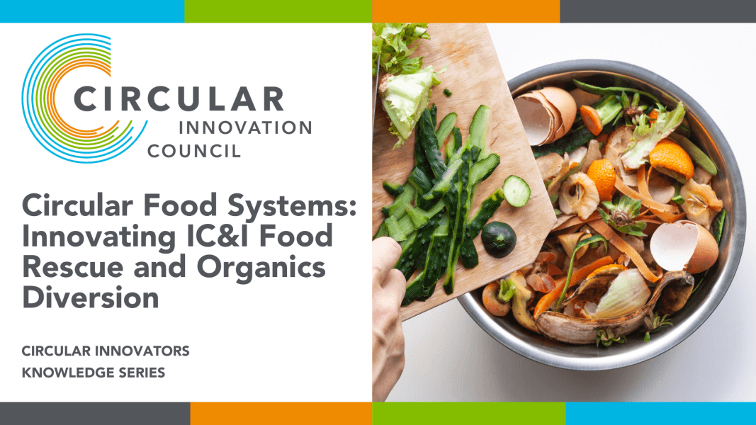Circular Food Systems: Innovating IC&I Food Rescue and Organics Diversion. Circular Innovators Knowledge Series. A person puts food scraps into a bowl.