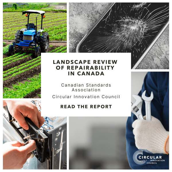 Landscape Review of Repairability in Canada. A tractor, broken smartphone, a person repairing an oven, and a mechanic holding wrenches.