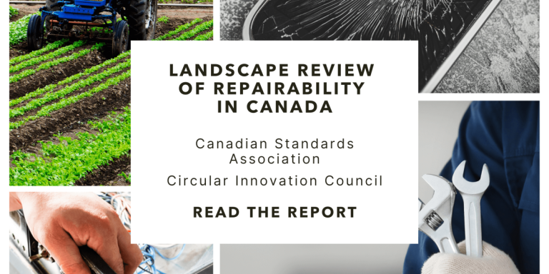 Landscape Review of Repairability in Canada. A tractor, broken smartphone, a person repairing an oven, and a mechanic holding wrenches.