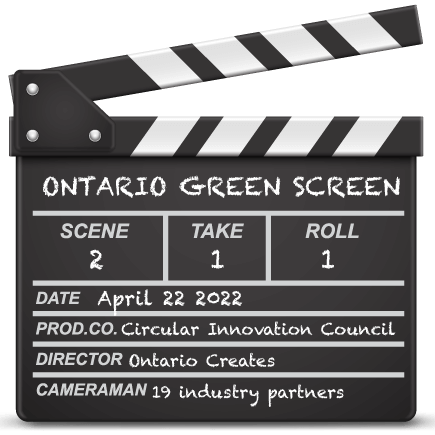 Clapperboard with information from Ontario Green Screen on it.