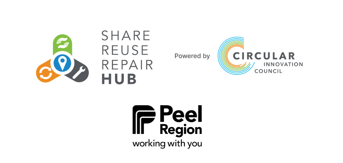 Share Reuse Repair Hub logo, powered by Circular Innovation Council logo. Peel Region logo.